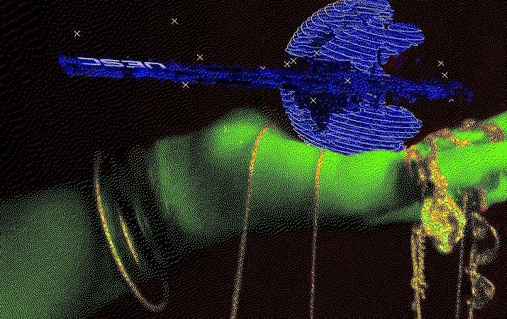 Neon green arm covered in gold chains holding a blue scanline-rendered axe against a dark starry background