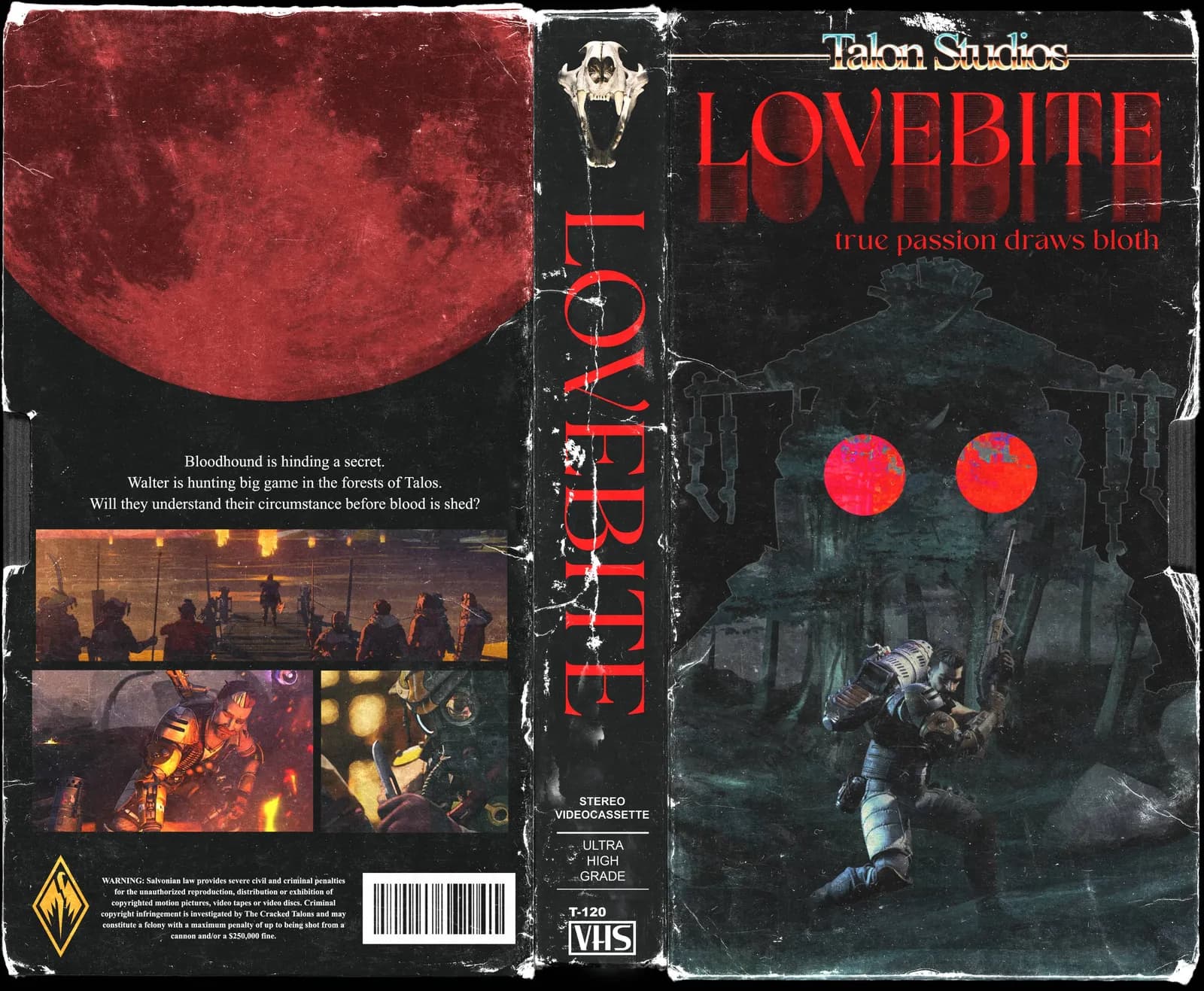 Worn VHS cover for Lovebite, a Talon Studios fan-made horror tape with a red moon and a glowing-eyed figure