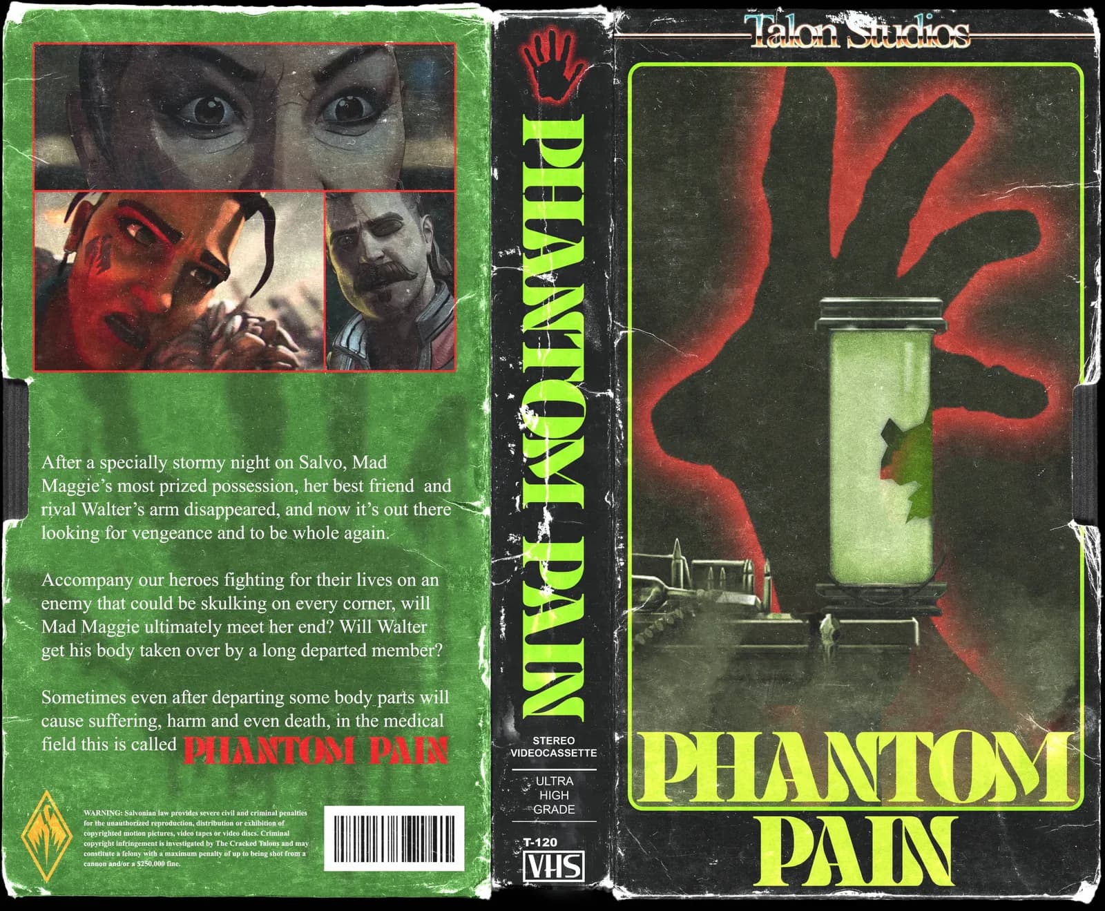 Worn green VHS cover for Phantom Pain, showing a severed hand in a glowing jar under a giant red shadow hand