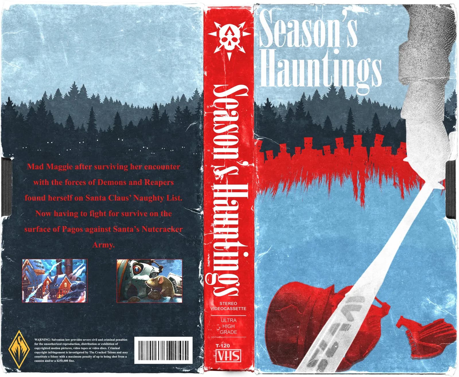 Worn blue and red VHS cover for Season’s Hauntings, a winter horror tape with pine trees and a blood-red splash