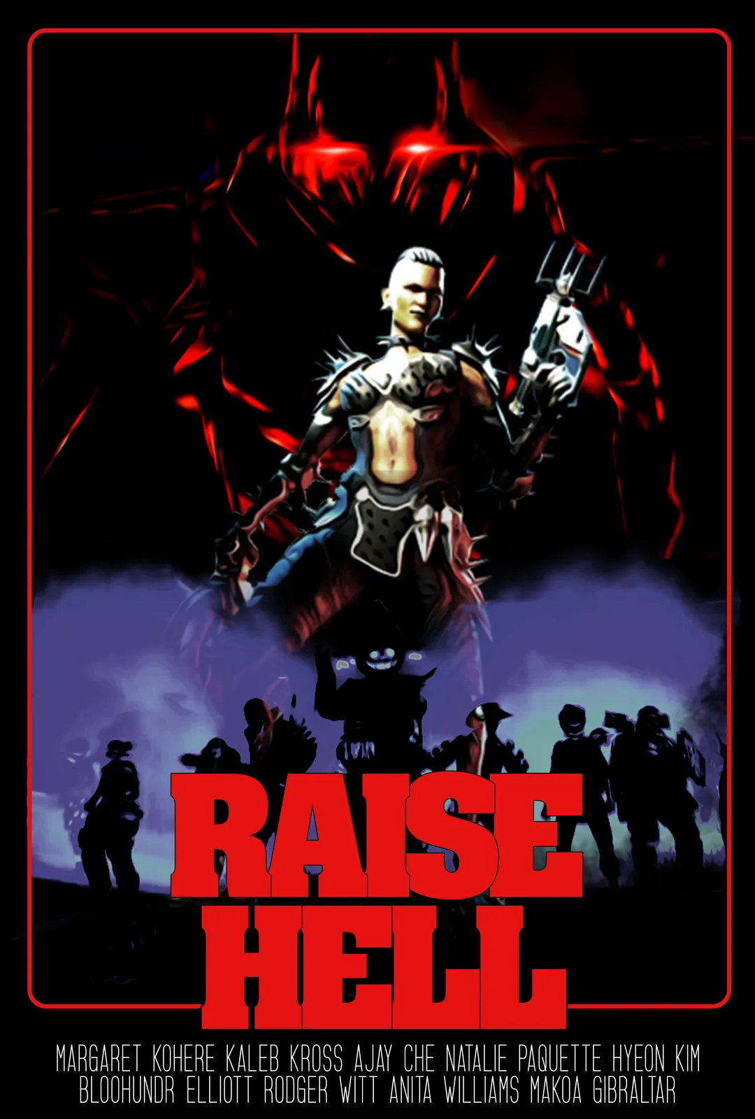 Retro action movie poster titled Raise Hell, with an armored figure in front of a red-lit army