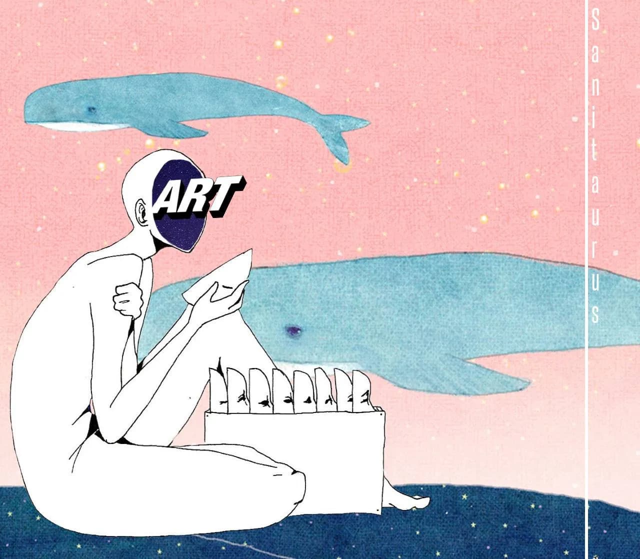 Soft pastel illustration of a pale figure whose head is replaced by an Art label, sitting by the sea under a floating whale