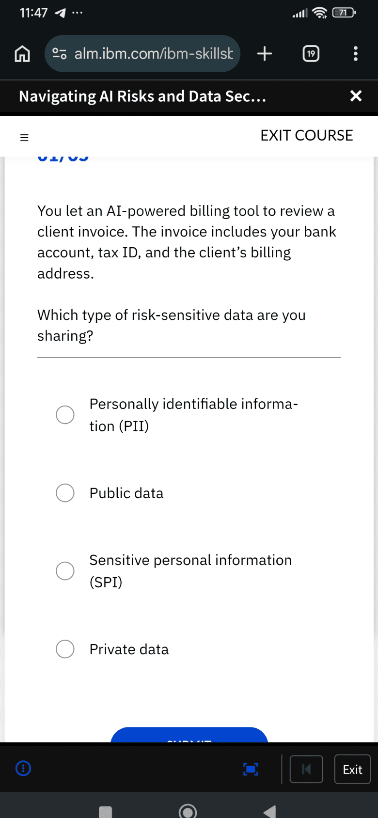 IBM SkillsBuild mobile quiz screen showing a multiple-choice question about risk-sensitive data