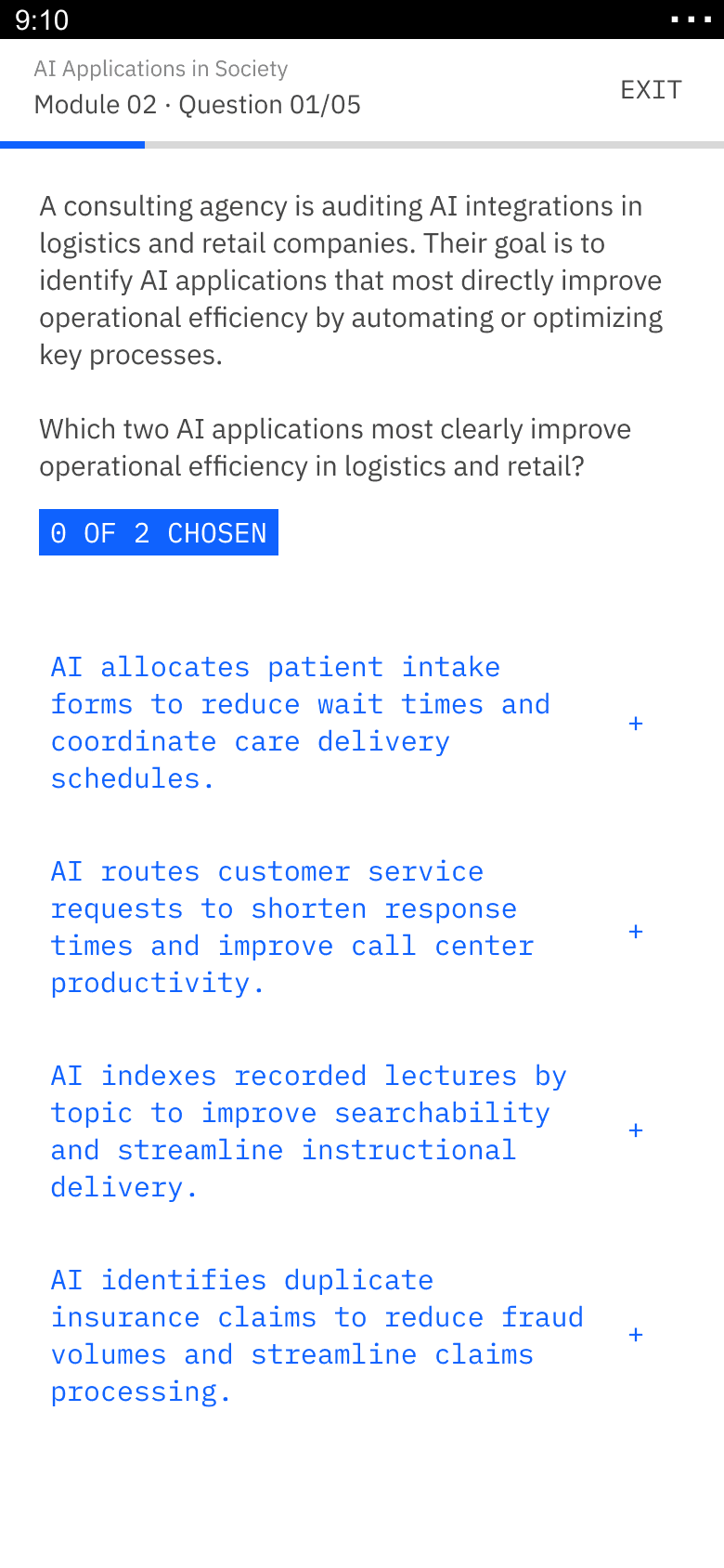 Redesigned SkillsBuild quiz screen using IBM cobalt accents, Plex typography, and a clear multi-select counter