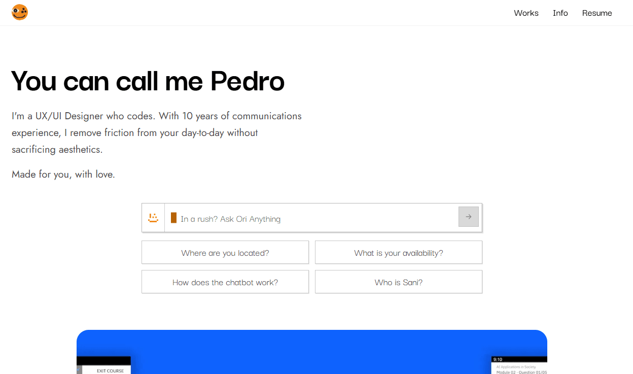 Previous portfolio hero with the Ori chat as a search bar under the intro, reading In a rush? Ask Ori Anything, above four quick-question buttons