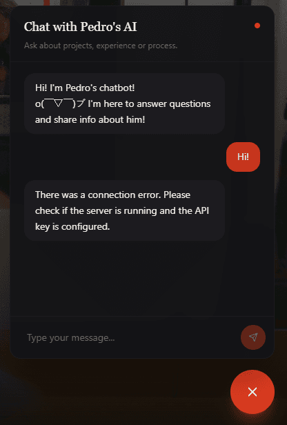 The old chat window answering a simple Hi with a connection error asking to check the server and API key
