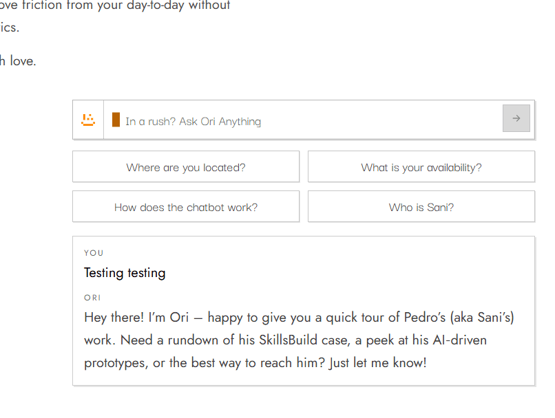 v2 Ori hero chat with search bar, four quick-question buttons, and an open reply panel sitting in the middle of the page