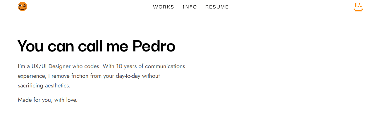 Portfolio header with the orange logo on the left, WORKS INFO RESUME nav centered, and the Ori face mark on the right opposite the logo