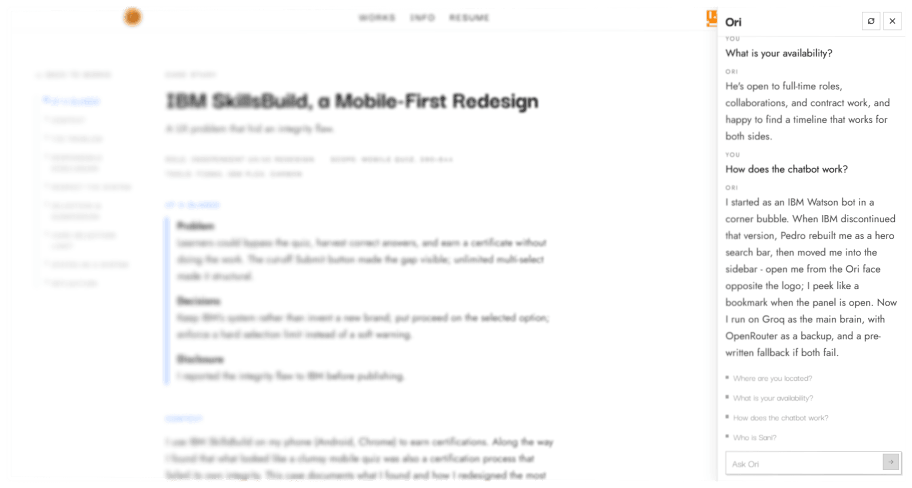Full case page with the Ori sidebar open on the right, chat history visible, and the face mark peeking beside the panel